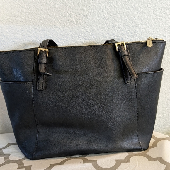 SALE!!! Michael Kors Jet Set Saffiano Black Leather Signature Lg Satchel Handbag - Picture 7 of 16